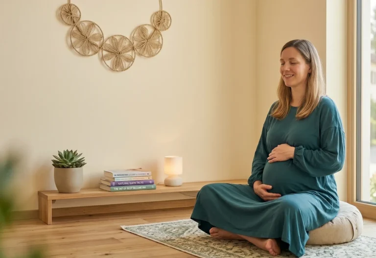 Schwangere Frau meditiert in tiefer Entspannung bei der Geburtsvorbereitung durch Hypnobirthing in einer Praxis in Wien