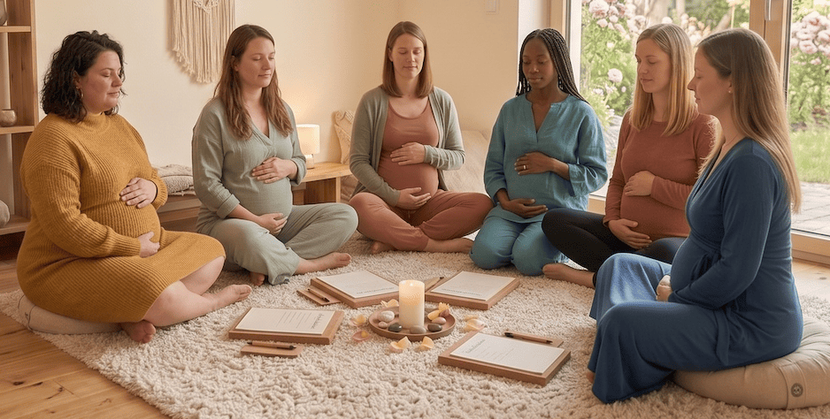 Hypnobirthing Gruppe in Wien -Schwangere Frauen meditieren zusammen
